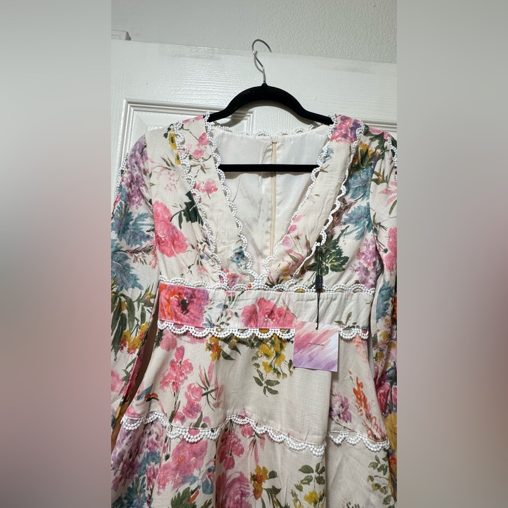 Chicwish Cream Floral Lace-Trim Mini Dress with Pink & Yellow Bouquet - Picture 6 of 8